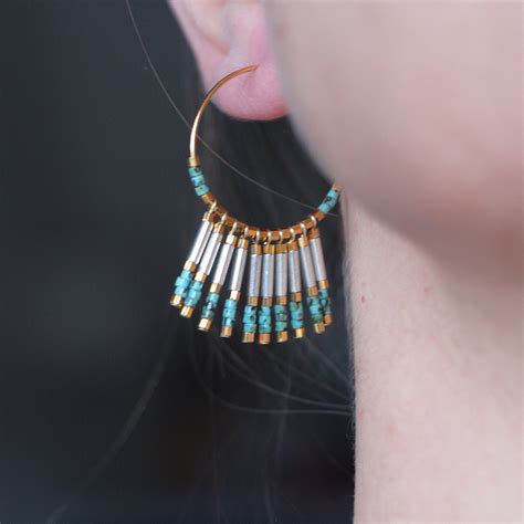 B O BAMBOU Golden Hoop Earrings With Fringes In Miyuki Beads