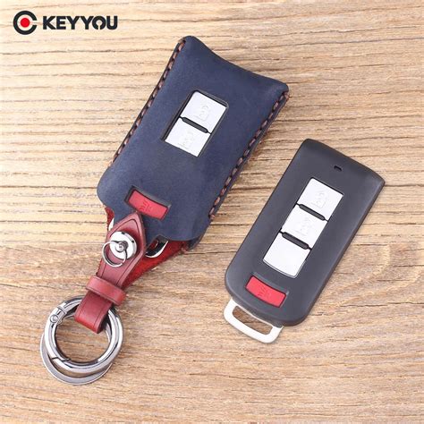 KEYYOU 3 Buttons Genuine Leather Key Case For Mitsubishi Lancer EX ASX