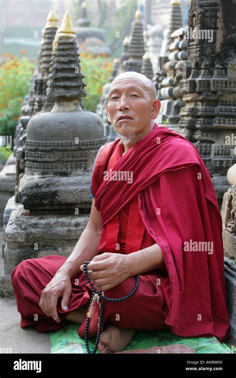 India Bodhgaya Buddhist Monk Praying In The Garden Of Mahabodhi