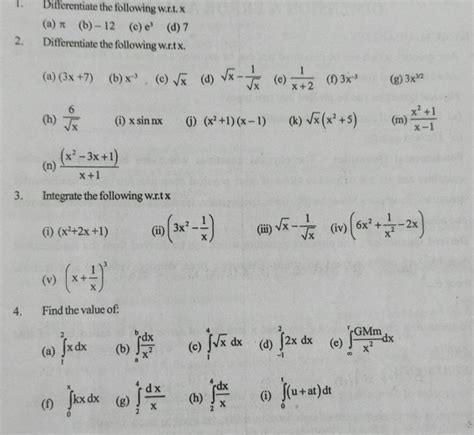 Differentiate the following w r t x a π b 12 c e3 d 7 2 D