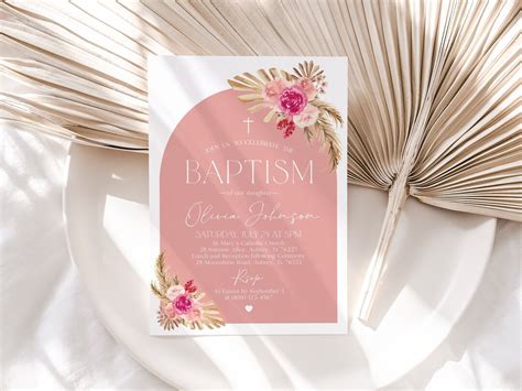 Pink Girls Boho Baptism Invitation Template Editable Arch Etsy