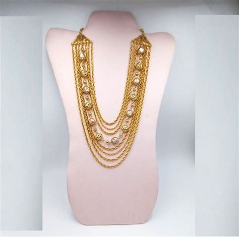 Mid Century Gold Tone Multi Strand Necklace And Clip … Gem