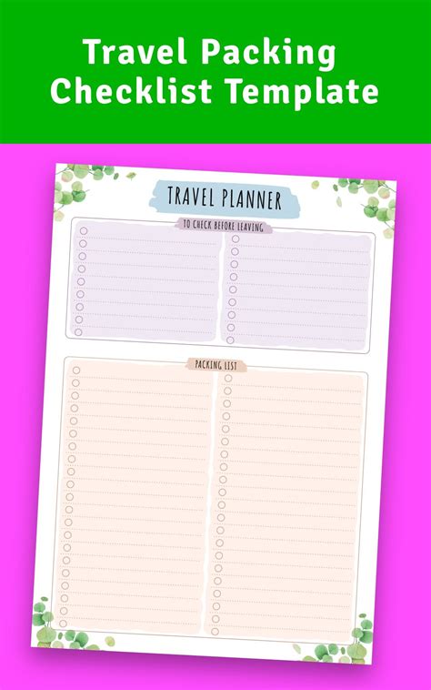 Packing Checklist Template Travel Packing Checklist Travel Itinerary Template Vacation