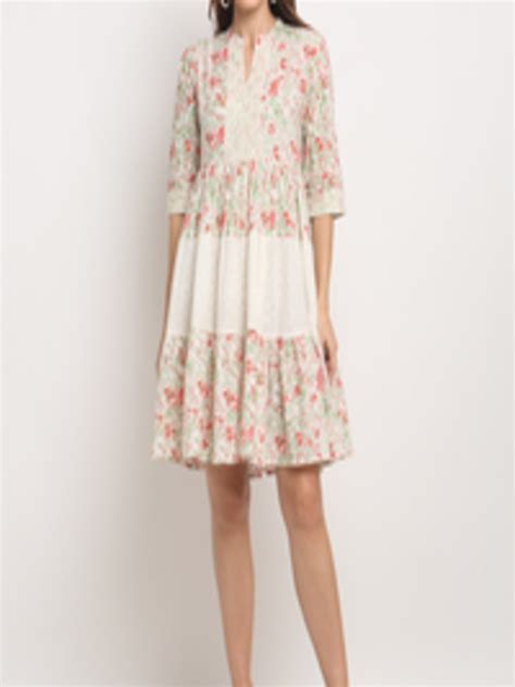 Buy KALINI Floral Printed Mandarin Collar Gathered Tiered Cotton A Line