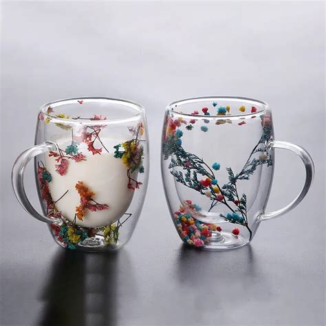 2pcs Dry Flowers Double Wall Glass Mug Blackbrdstore