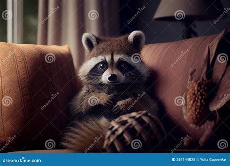 Cute Fluffy Raccoon In Chair Illustration Generative Ai Stock Illustration Illustration Of