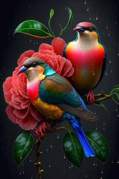 Premium AI Image Two Colorful Birds Sitting On A Branch Of A Flower