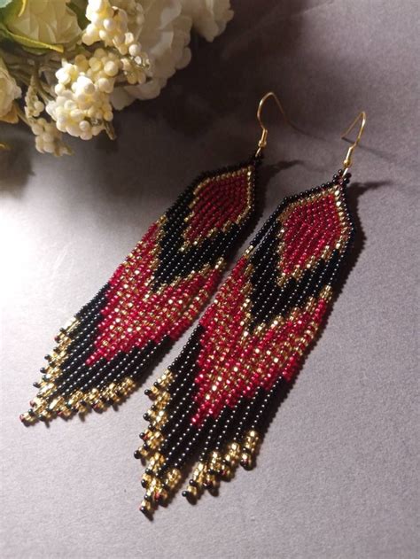 Bead Earrings Red Black Gold Long Bead Earrings Beaded Peacock