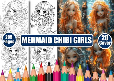 3 Mermaid Chibi Girls Coloring Pages For Adults Designs & Graphics