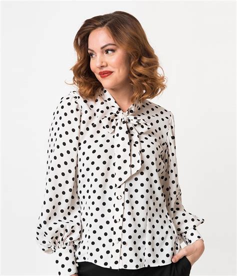 Unique Vintage 1940s White And Black Polka Dot Neck Tie Gwen Blouse Polka Dot Shirt Outfit