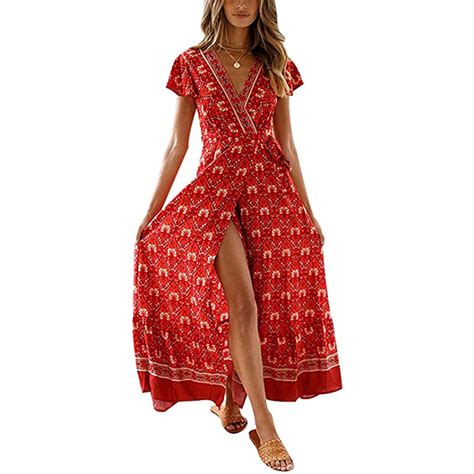 Shibever Casual Wrap Dress For Women Summer Bohemian Floral V Neck Short Sleeve High Split Maxi