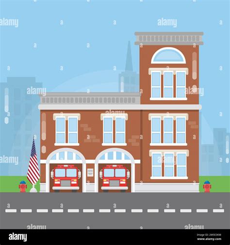 Fire Department Building Fire Station With Fire Trucks Stock Vector