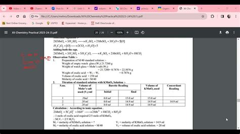 Volumetric Analysis Of Oxalic Acid Determine The Molarity And Strength Of Given Kmno4 Solution