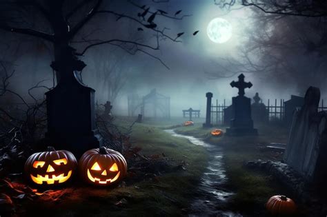 Premium Ai Image Halloween Pumpkins In A Cemetery In The Moonlight