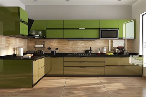 Modular Beige And Green L Shaped Kitchen Design With Black Kitchen