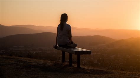 Bench Alone Solitude Sunset Mountains Girl 4k HD Wallpaper Rare