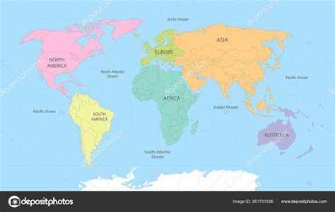 World Map Divided Six Continents Different Color World Map Continents Stock Vector By