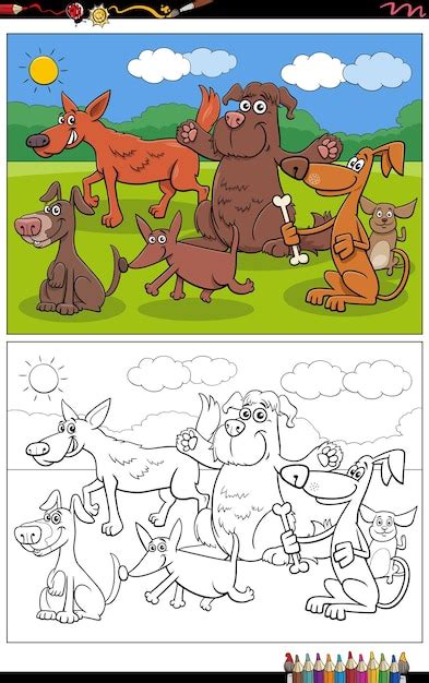 Coloriage de groupe de personnages animaux de chiens de dessin animé