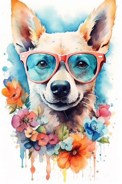 Pintura De Acuarela De Un Perro Con Gafas De Sol Rosas Foto Premium