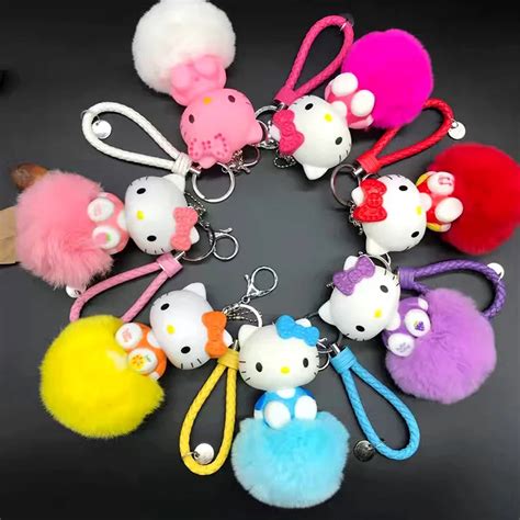 Pom Pom Anime Keychain Cartoon Hello Kitty Keychain Fluffy Rabbit Fur Key Chain Ring Holder ...