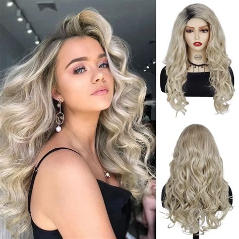 Gnimegil Synthetic Long Curly Wig Dark Root Ombre Blonde Wig For Women Natural Soft Fluffy Body