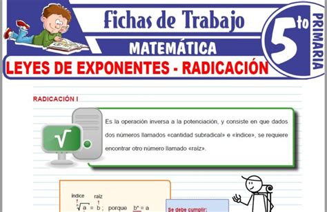 Leyes de exponentes Radicación para Quinto de Primaria Fichas