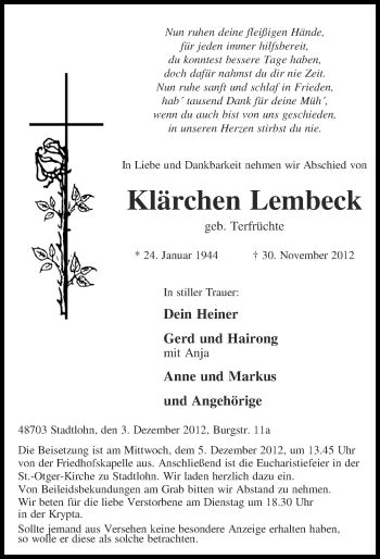 Traueranzeigen von Klärchen Lembeck trauer ms