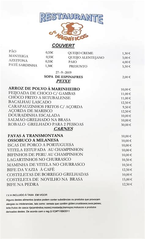 Menu em Restaurante Os Magníficos Alverca do Ribatejo