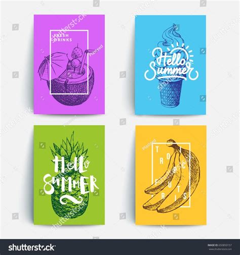 Modern Colorful Summer Posters Sketches Typography Stock Vector