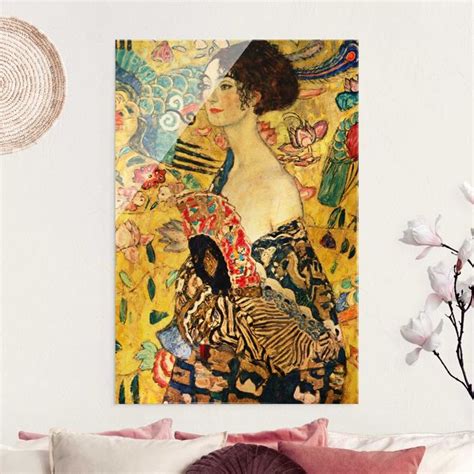 Gustav Klimt Dame mit Fächer Glasbild im Hochformat 2 3 Bilderwelten