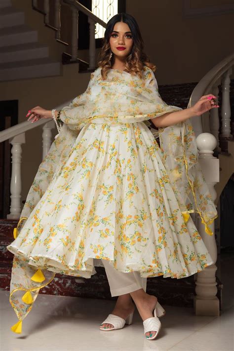 Women S Yellow Floral Organza Suit Set With Pants Dupatta By Pomcha