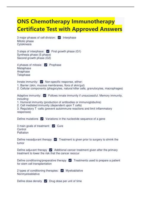 Ons Chemotherapy Immunotherapy Certificate Test With Approved Answers