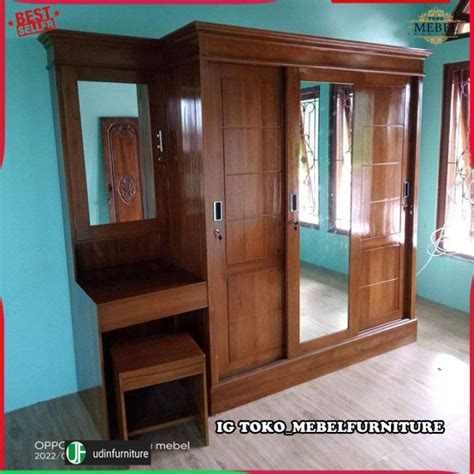 Lemari Sliding Pintu Plus Cermin Rias Kayu Jati Jepara Lazada Indonesia