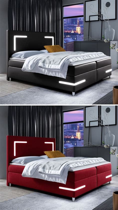 Two Pictures Of A Bed With Red And Black Furniture