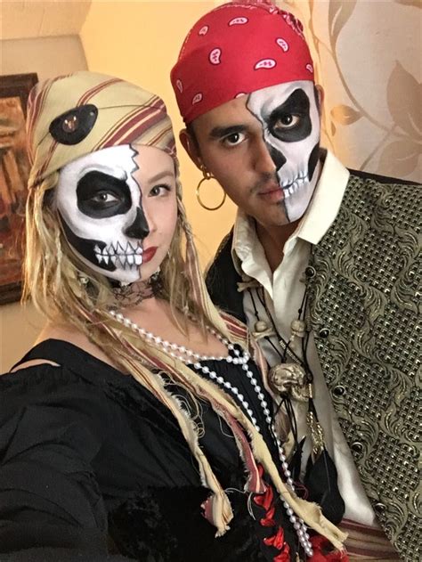 Half skull face pirate Halloween couples costume | Pirate halloween ...