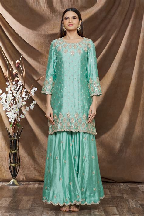 Buy Blue Pure Spun Silk Embroidery Floral Round Kurta Sharara Set For