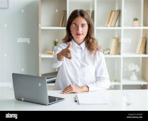 Official Meeting Elegant Woman Welcome Greeting Stock Photo Alamy