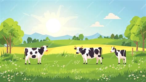 Premium Vector | A cartoon of cows in a field with the sun shining on them