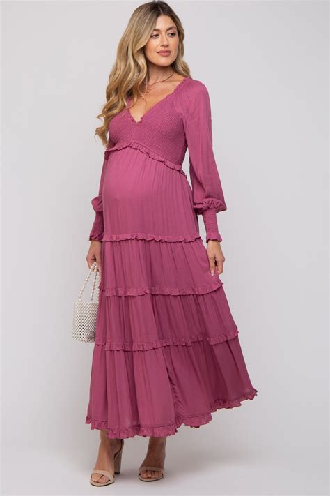 Magenta Smocked Ruffle Tiered Maternity Maxi Dress Pinkblush