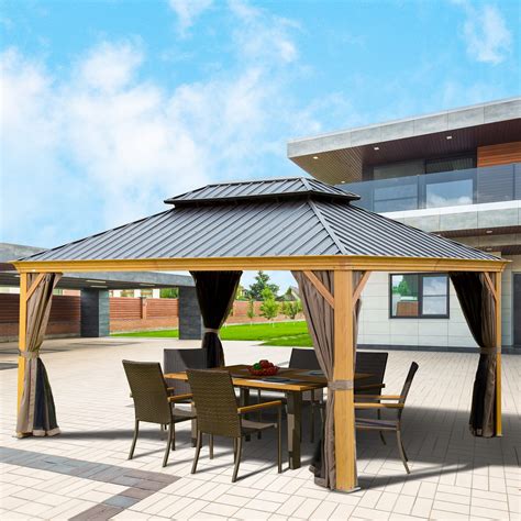 12’ x 16’ Hardtop Gazebo Outdoor Aluminum Wood Grain Gazebos with ...