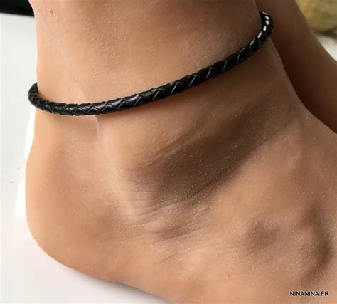 Bracelet cheville tressé en cuir noir pour homme Ninanina