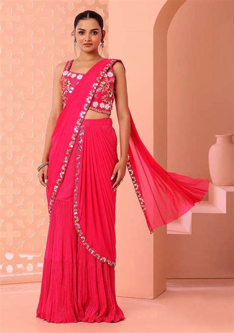 Buy Women Pink Tiered Sharara Set With Sequin Thread Embroidered Blouse