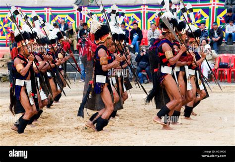 Yimchungru tribe present their 'war dance' at the annual Hornbill Festival, Nagaland, India ...