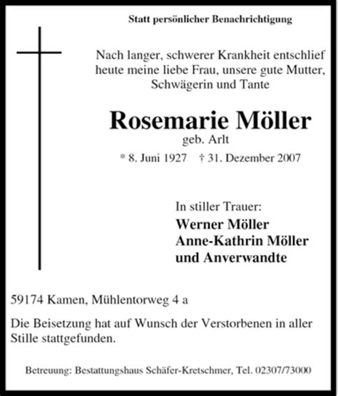 Traueranzeigen von Rosemarie Möller Trauer in NRW de