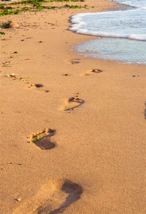 As Pegadas Na Areia Encalham Onda E Passos Imagem De Stock Imagem De