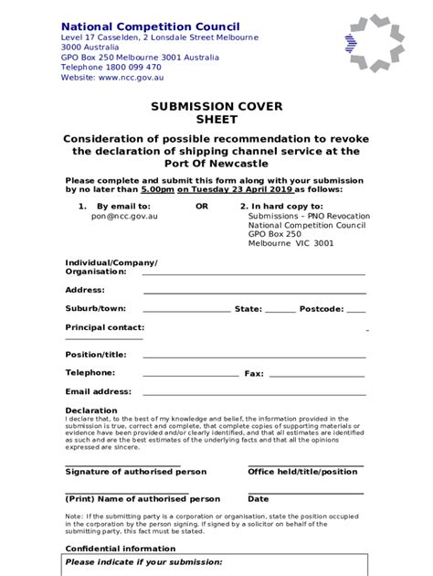 Submission Cover Sheet Declaration Submission Guidelines Doc Template