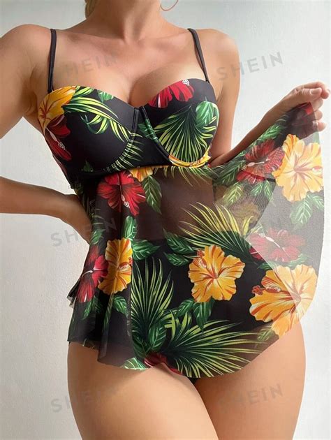 SHEIN Swim Bañador bikini push up con estampado floral de malla en