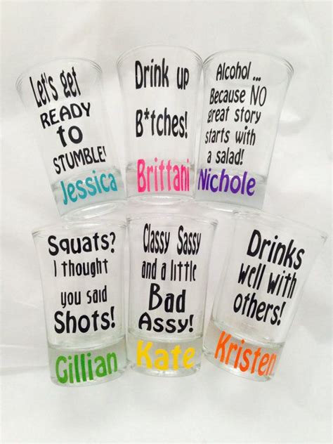 Bachelorette Shot Glasses Set Of Six Funny Sayings Bachelorette Shot Glasses Bachelorette