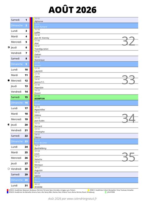 Calendrier août 2026 calendriergratuit fr