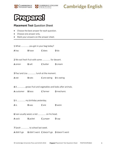 Prepare Placement Test Student Question Sheet